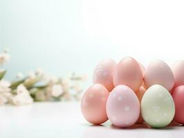 AI generated Happy easter eggs pastel color with flowers on white background, copy space for text photo