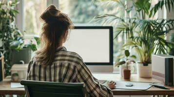 AI generated Over shoulder shot of a young woman using computer in front of an blank white computer screen in home photo