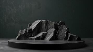 AI generated Minimal black dark circle podium rough surface rock geometric stone and rock shape background, mockup for podium display or showcase photo