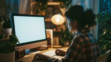 ai generado terminado hombro Disparo de un joven mujer utilizando computadora en frente de un blanco blanco computadora pantalla en hogar foto