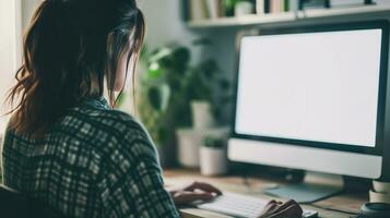 ai generado terminado hombro Disparo de un joven mujer utilizando computadora en frente de un blanco blanco computadora pantalla en hogar foto