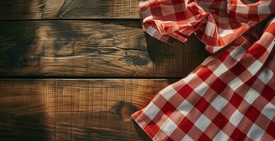 AI generated Top view of red checkered tablecloth on blank empty wooden table background banner, food concept photo