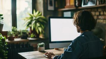 AI generated Over shoulder shot of a young man using computer in front of an blank white computer screen in home photo