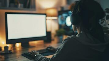 AI generated Over shoulder shot of a young woman using computer in front of an blank white computer screen in home photo
