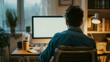 AI generated Over shoulder shot of a young man using computer in front of an blank white computer screen in home photo