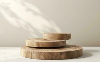 AI generated Rustic wood pieces podium mockup on beige background with shadow for perfume, jewellery and cosmetic products in front view photo