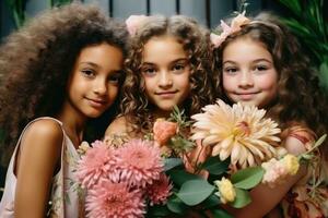 ai generado modelos de diferente etnia posando con tropical flores en manos. ai generado foto