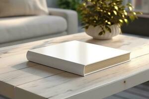 AI generated White book mockup with flowers on table. AI Generated photo
