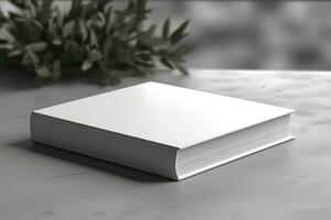 AI generated White book mockup with flowers on table. AI Generated photo