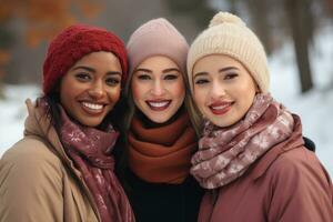 AI generated Group of multiracial females having fun outdoors . AI Generated photo