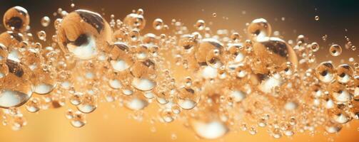 AI generated Champagne fizz bubbles soars over a golden background. AI Generated photo