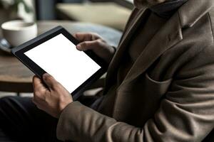 ai generado maduro hombre leyendo revista en tableta computadora. ai generado foto