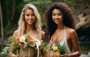 AI generated Models Of Different Ethnicity Posing With Tropical Flowers In Hands. AI Generated photo