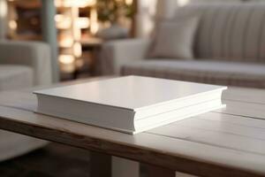 AI generated White book cover mockup on wooden coffee table. AI Generated photo