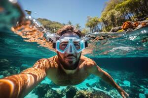 AI generated Full length portrait of a man in a wetsuit with snorkeling equipment. AI Generated photo