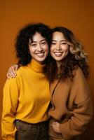 AI generated Models Of Different Ethnicity posing cheerful together on yellow background. AI Generated photo