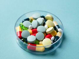 composition with pill box and pills on color background photo