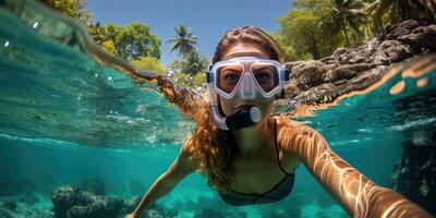 AI generated Underwater shoot of a young lady snorkeling and doing skin diving in a tropical sea. AI Generated photo