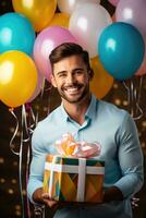 AI generated happy caucasian birthday man holding with gift box, balloons in the background. AI Generated photo