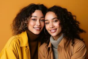 AI generated Models Of Different Ethnicity posing cheerful together on yellow background. AI Generated photo