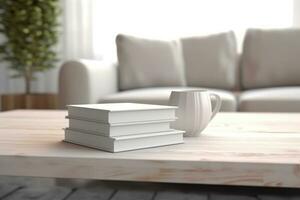 AI generated White book cover mockup on wooden coffee table. AI Generated photo