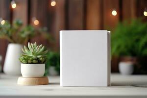 AI generated White blank book on wooden table, bright lighting, mockup, with house plant. AI Generated photo