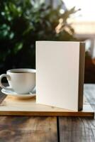 AI generated White book cover mockup on wooden coffee table. AI Generated photo