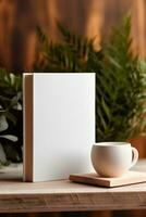 AI generated White book cover mockup on wooden coffee table. AI Generated photo