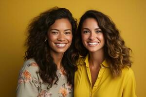 AI generated Models Of Different Ethnicity posing cheerful together on yellow background. AI Generated photo