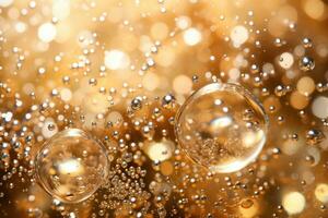 AI generated Champagne fizz bubbles soars over a golden background. AI Generated photo