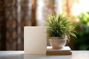 AI generated White blank book on wooden table, bright lighting, mockup, with house plant. AI Generated photo