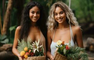 AI generated Models Of Different Ethnicity Posing With Tropical Flowers In Hands. AI Generated photo