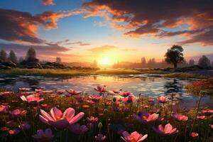 AI generated Serene countryside landscape with tree and flower fields. AI Generated photo