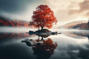 AI generated Serene autumn landscape with tree and foggy fields. AI Generated photo