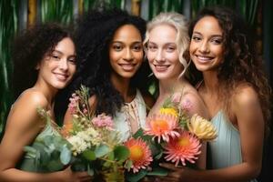 AI generated Models Of Different Ethnicity Posing With Tropical Flowers In Hands. AI Generated photo