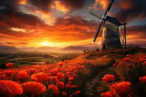 AI generated Serene countryside landscape with poppy fields , blue hour. AI Generated photo