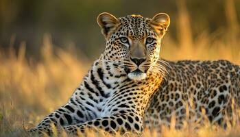 ai generado un leopardo es sentado en el césped foto