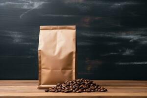 AI generated Blank brown Kraft paper bag with coffee beans on wooden background. AI Generated photo