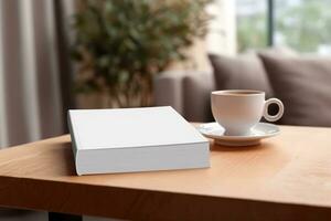 AI generated White book cover mockup on wooden coffee table. AI Generated photo