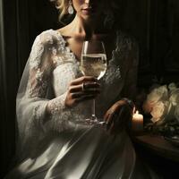 AI generated Unrecognizable bride holding champagne glass, white background. AI Generated photo