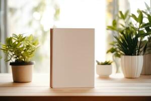 AI generated White blank book on wooden table, bright lighting, mockup, with house plant. AI Generated photo