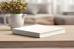 AI generated White book cover mockup on wooden coffee table. AI Generated photo