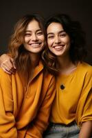 AI generated Models Of Different Ethnicity posing cheerful together on yellow background. AI Generated photo