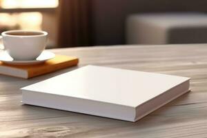 AI generated White book cover mockup on wooden coffee table. AI Generated photo