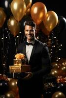 AI generated happy Caucasian birthday man holding with gift box, black and gold balloons in the background. AI Generated photo