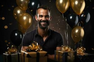 AI generated happy Caucasian birthday man holding with gift box, black and gold balloons in the background. AI Generated photo