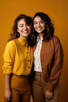 AI generated Models Of Different Ethnicity posing cheerful together on yellow background. AI Generated photo