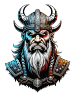 ai gegenereerd viking krijger met gehoornd helm en viking schild illustratie Aan transparant achtergrond png