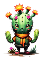 ai generato carino cactus cartone animato personaggio isolato su trasparente sfondo illustrazione png