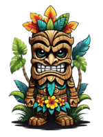 ai gegenereerd tiki masker tekenfilm karakter met bloemen en bladeren Aan transparant achtergrond png